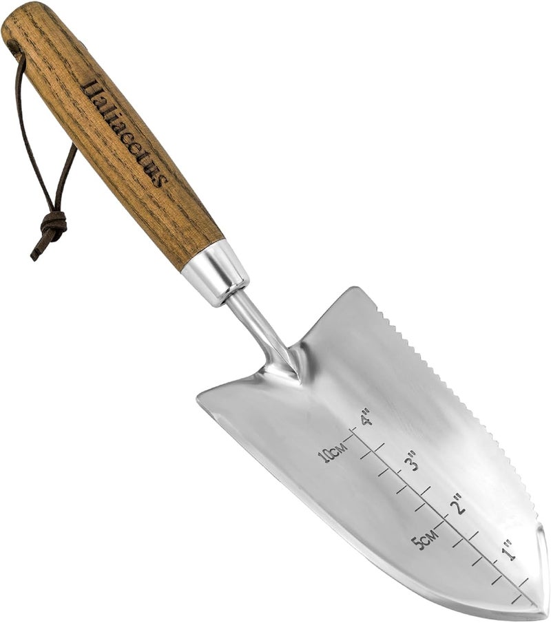 Haliaeetus Garden Trowel with Serrated Edge, 4'' Depth Marks Planting Shovel, V-Shaped Sharp Edge Garden Tool, Stainless Steel with Comfortable Wood Handle for Planting and Weeding - Image 1